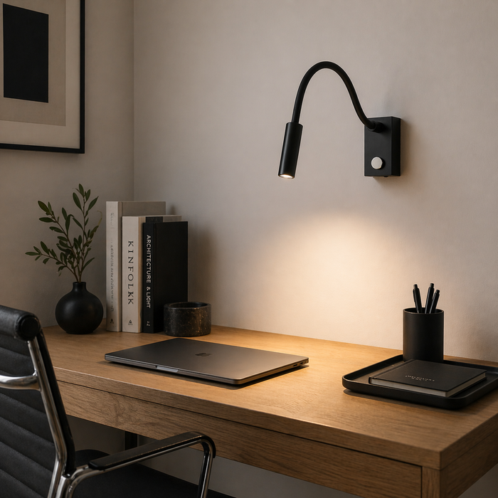 AIM goose neck LED rugalmas fali olvasólámpa dolgozószobai enteriőrben a Bazzikoshop kínálatában, Rendl Light
