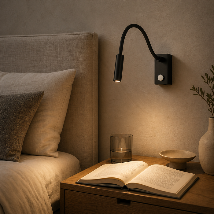 AIM goose neck LED rugalmas fali olvasólámpa háloszobai enteriőrben a Bazzikoshop kínálatában, Rendl Light