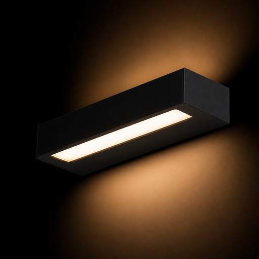 ASTER 25 kültéri LED fali lámpa a Bazzikoshop kínálatában, Rendl Light, bekapcsolt állapotban sötét háttér előtt