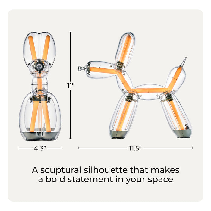 Lexon BALLOON DOG LAMP LED asztali lámpa, elöl- és oldalnézet méretekkel