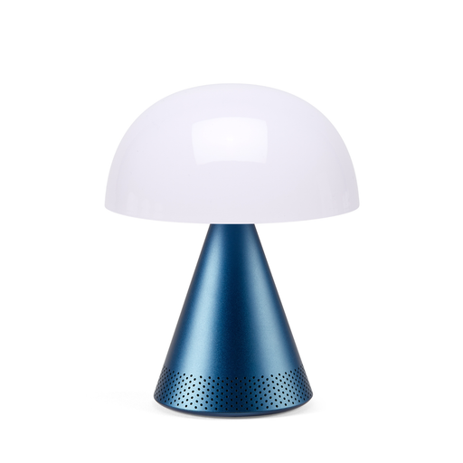Lexon MINA L AUDIO hordozható LED asztali lámpa Bluetooth hangszóróval, kék talppal és fehér búrával