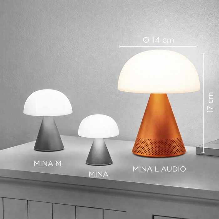 Lexon MINA L AUDIO hordozható LED asztali lámpa mérete a MINA M és MINA modellekhez viszonyítva