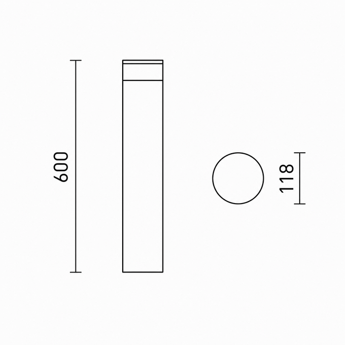 Rendl Light BRENDA 60 kültéri pollerlámpa méretrajza, 600 mm magassággal és 118 mm átmérővel