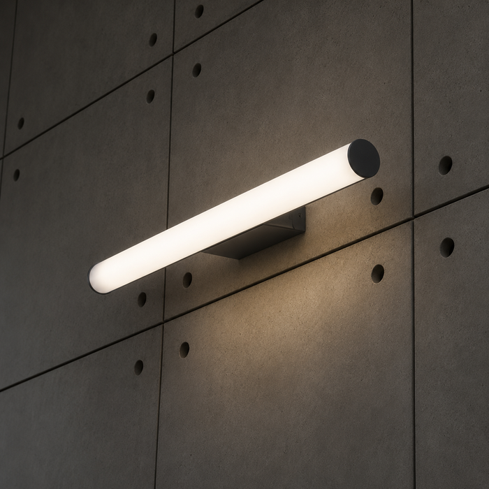 CASSAMBA 60 LED fürdőszobai fali lámpa közeli felvételen, beton falon a Bazzikoshop kínálatában, Rendl Light