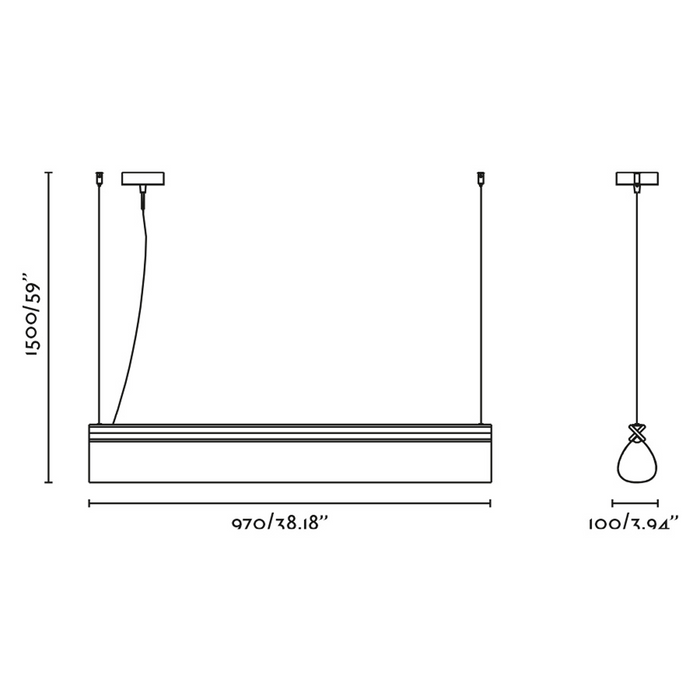 CATA Walnut lineáris függőlámpa méretrajza a Bazzikoshop kínálatában, Faro Barcelona, műszaki adatok