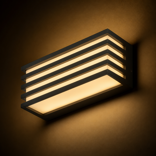 CLAIRE 21 kültéri LED fali lámpa a Bazzikoshop kínálatában, Rendl Light, bekapcsolt állapotban