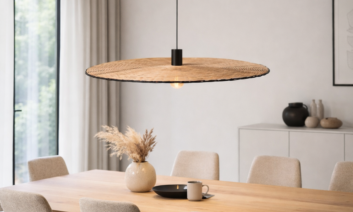 COSTAS 1000 rattan függőlámpa a Bazzikoshop kínálatában, Faro Barcelona, fekete acél, természetes rattan, étkező fölé