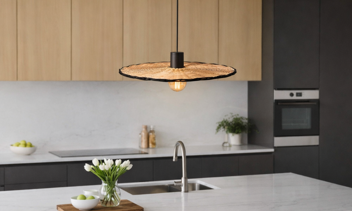 COSTAS 600 rattan függőlámpa a Bazzikoshop kínálatában, Faro Barcelona, fekete acél, lapos rattan búra, étkező fölé