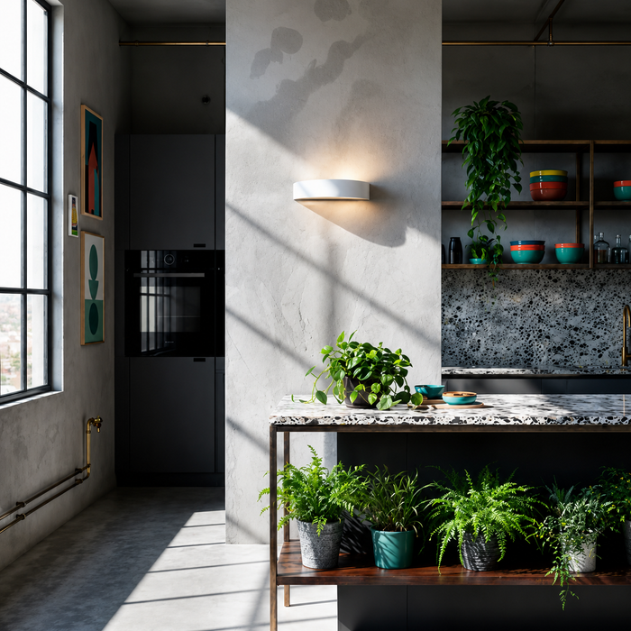 CRESCENT L beltéri gipsz fali lámpa konyhai enteriőrben a Bazzikoshop kínálatában, Rendl Light