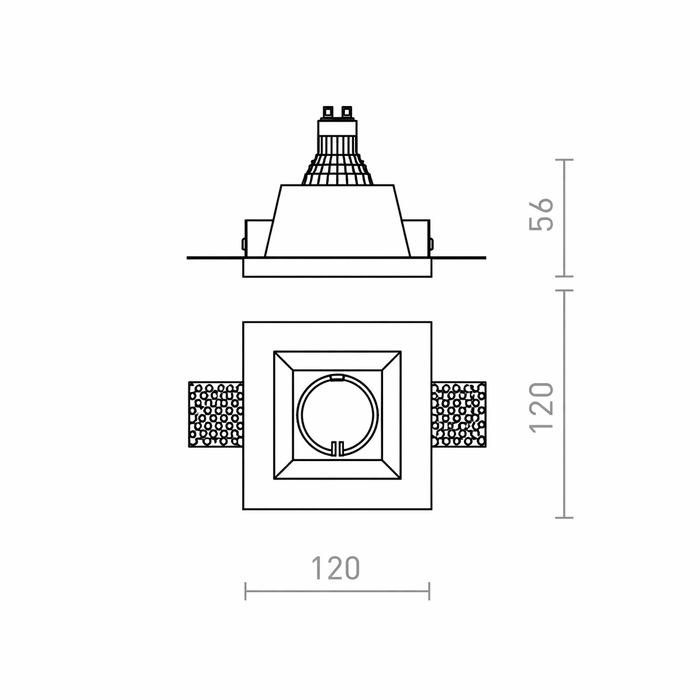 DAG SQ frameless süllyesztett mennyezeti lámpa méretrajza a Bazzikoshop kínálatában, Rendl Light, műszaki adatok