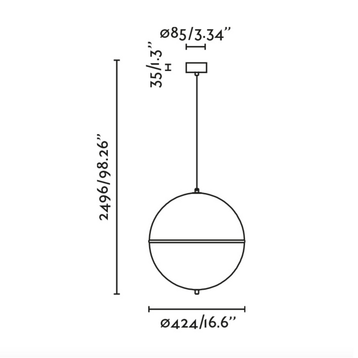 DOME M beltéri függőlámpa méretrajza a Bazzikoshop kínálatában, Faro Barcelona, műszaki adatok