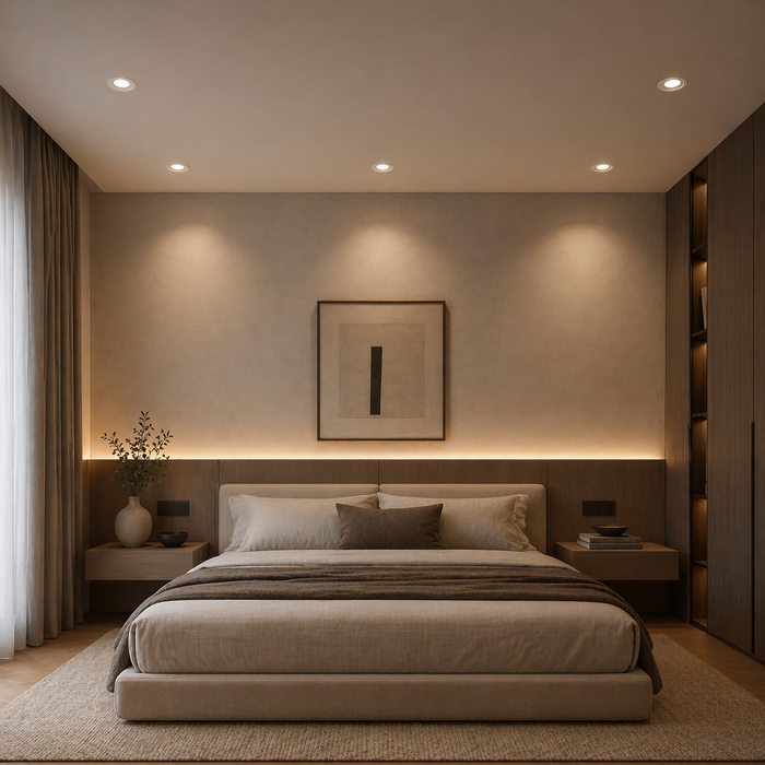 EQUA chrome recessed mennyezeti spotlámpa háloszobai enteriőrben a Bazzikoshop kínálatában, Rendl Light