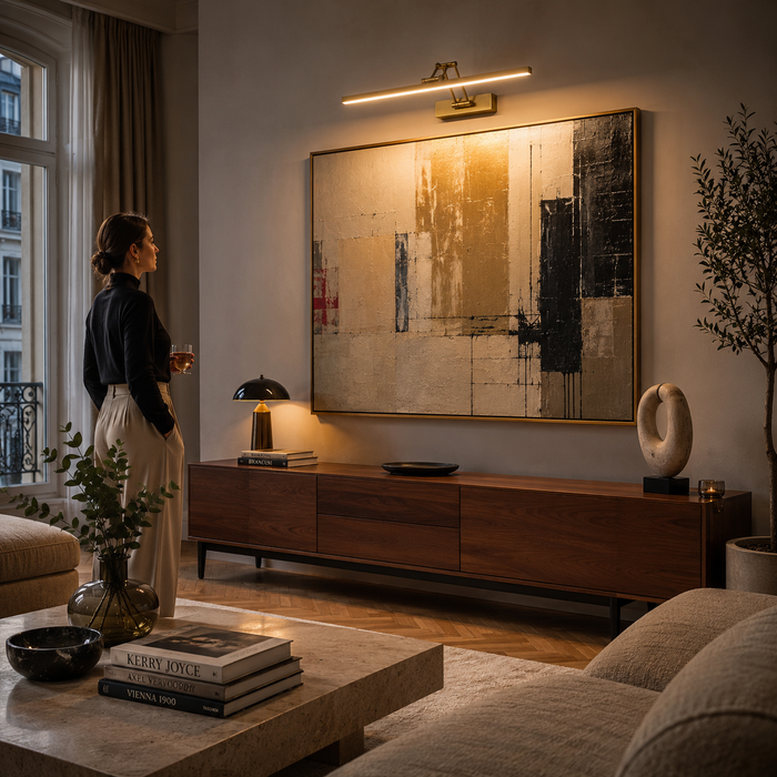 FRIDA 60 állítható LED kép-megvilágító fali lámpa nappali enteriőrben a Bazzikoshop kínálatában, Rendl Light