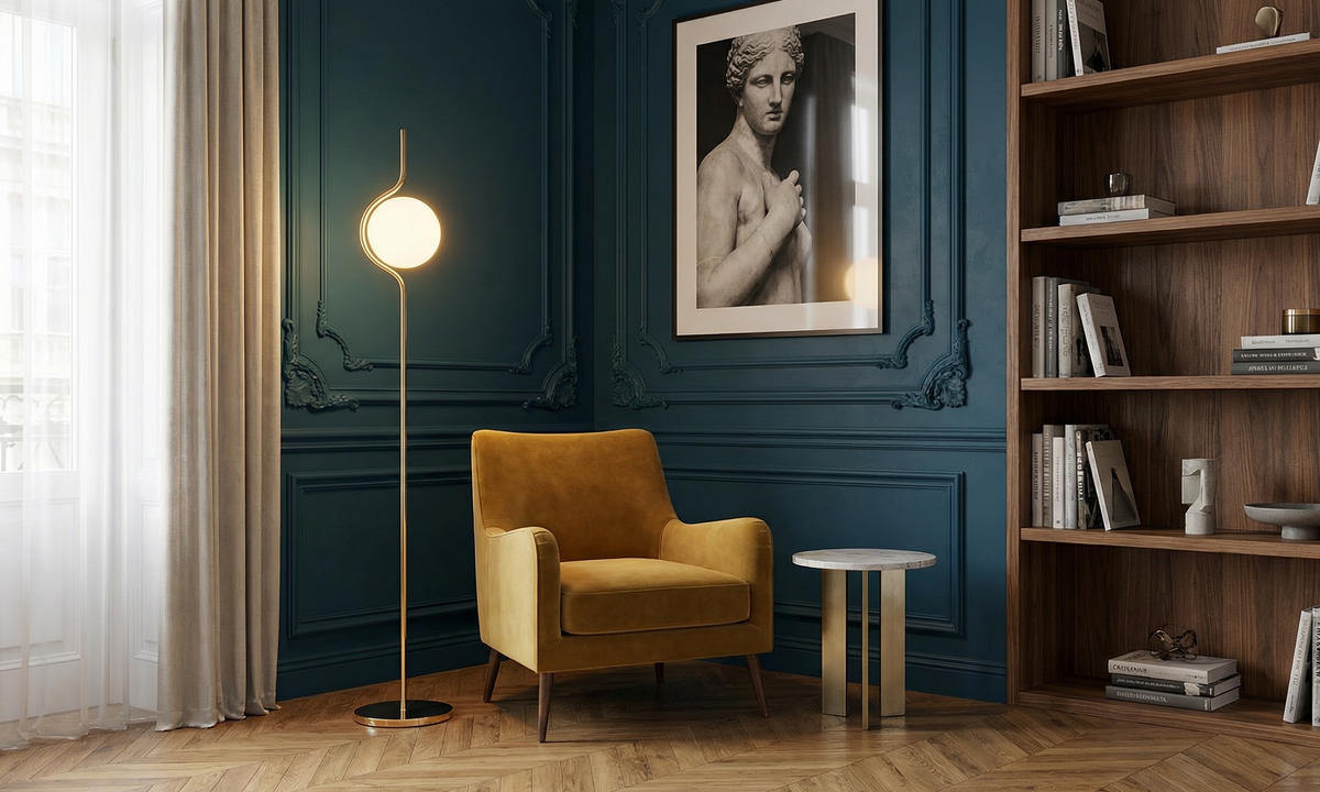 LE VITA állólámpa a Bazzikoshop kínálatában, Faro Barcelona, opál üveggömb, arany vagy fekete, nappali sarokba