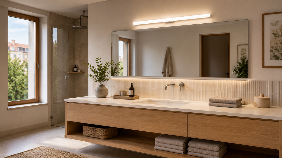 MAREA 60 lineáris LED fürdőszobai fali lámpa a Bazzikoshop kínálatában, Rendl Light, IP44, tükör fölé