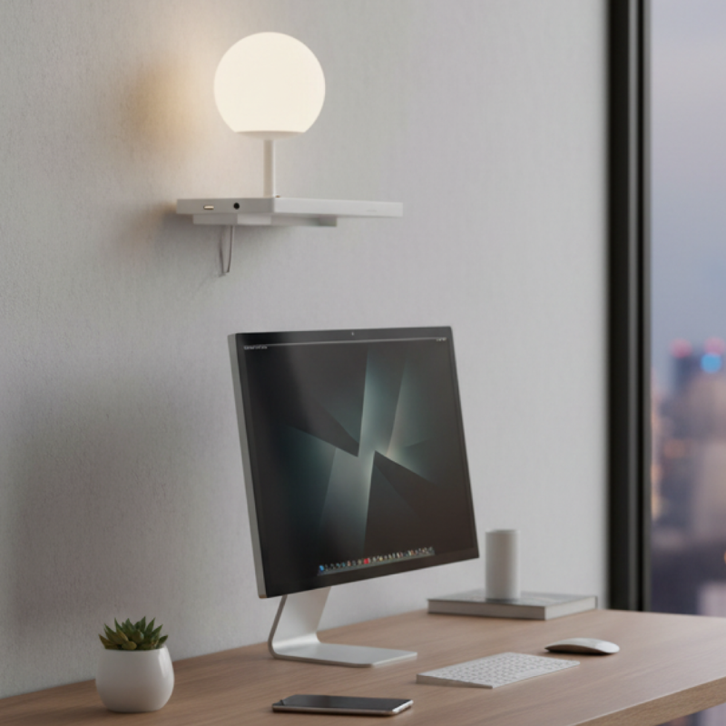 NIKO PC Right fali lámpa vezeték nélküli töltővel a Bazzikoshop kínálatában, Faro Barcelona, matt fehér, éjjeliszekrény fölé