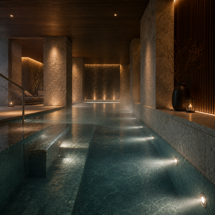 NOK 68 süllyesztett medencelámpa spa medencei enteriőrben a Bazzikoshop kínálatában, Faro Barcelona