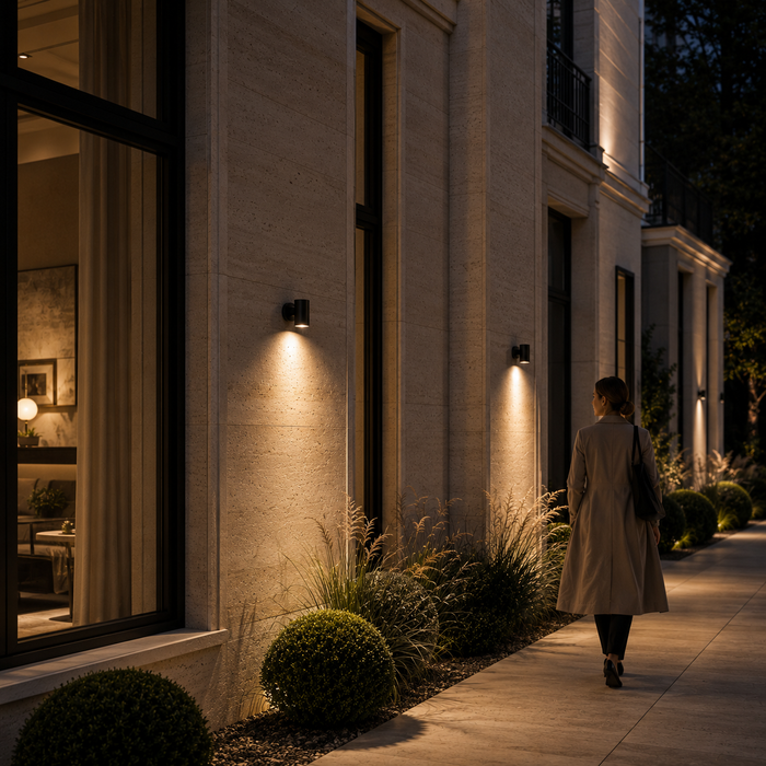 SAU 155 kültéri LED fekete spotlámpa homlokzati enteriőrben a Bazzikoshop kínálatában, Faro Barcelona